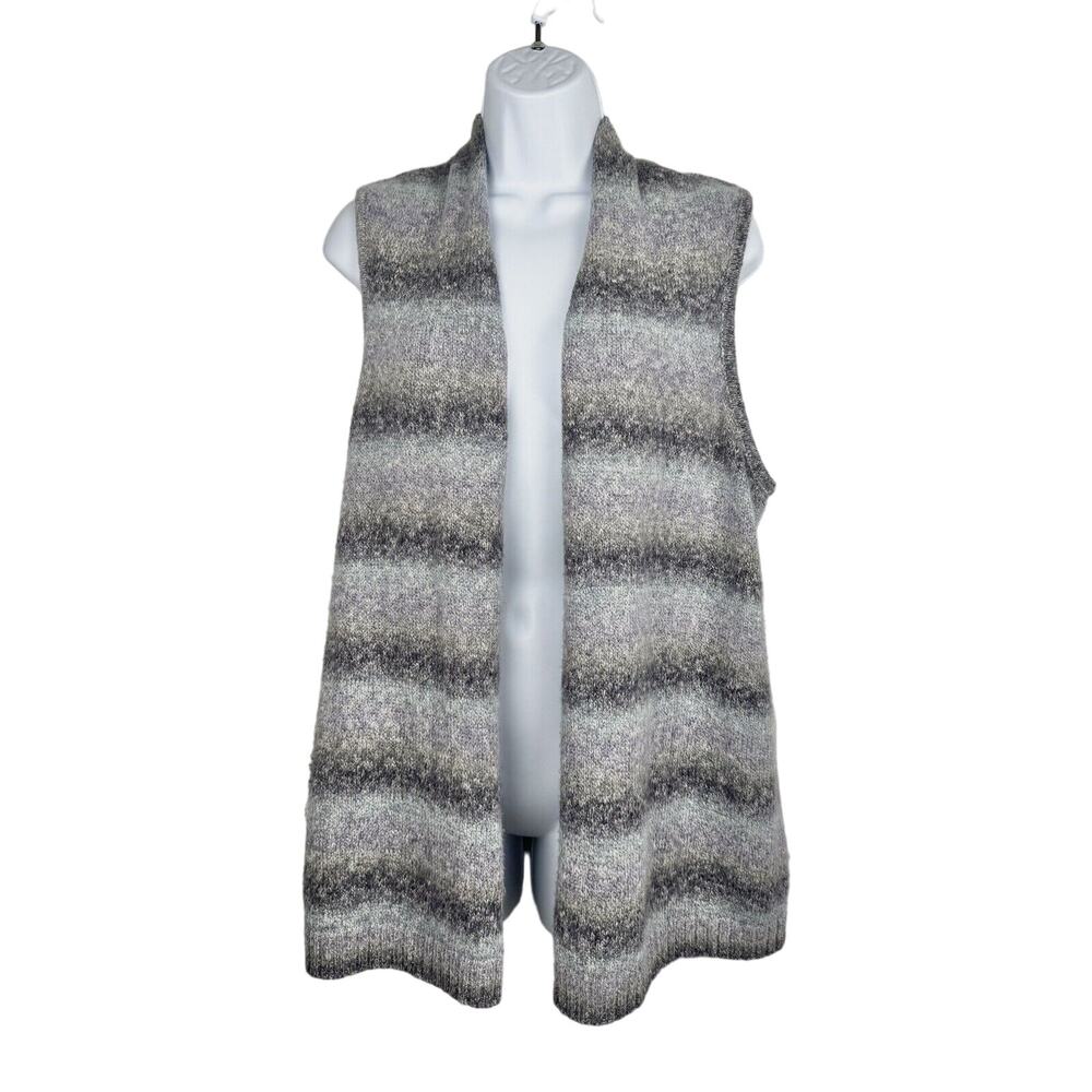 Chico’s Vest Size M Gray Striped Soft Knit Sleeveless Open Front Cardigan